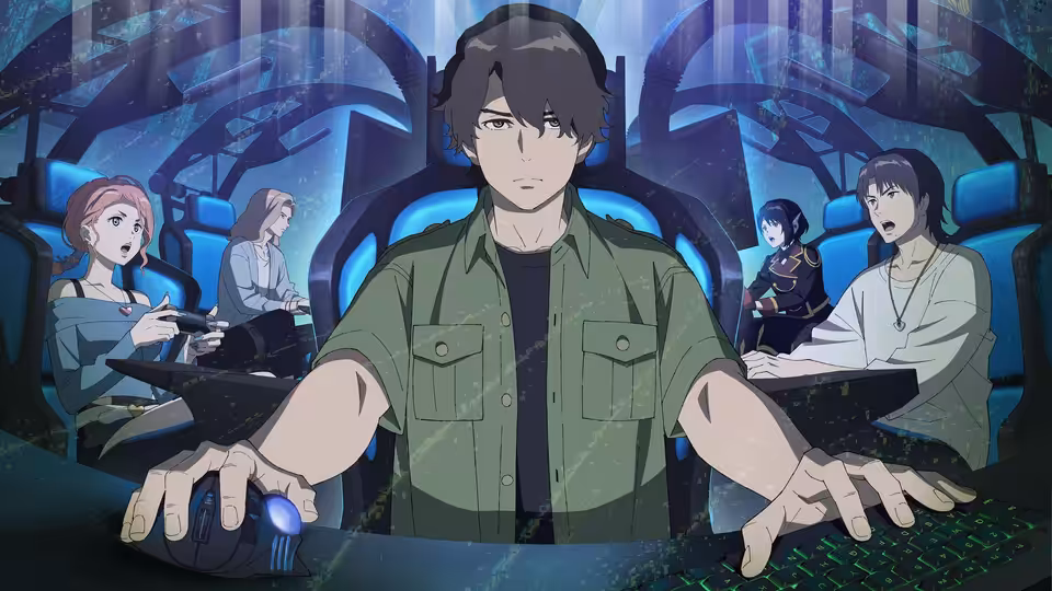 A young man operates a console in a futuristic control room as others work behind him