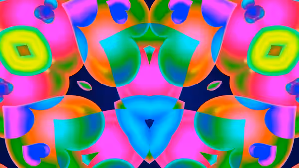 A symmetrical kaleidoscopic pattern of neon-colored shapes fills the image