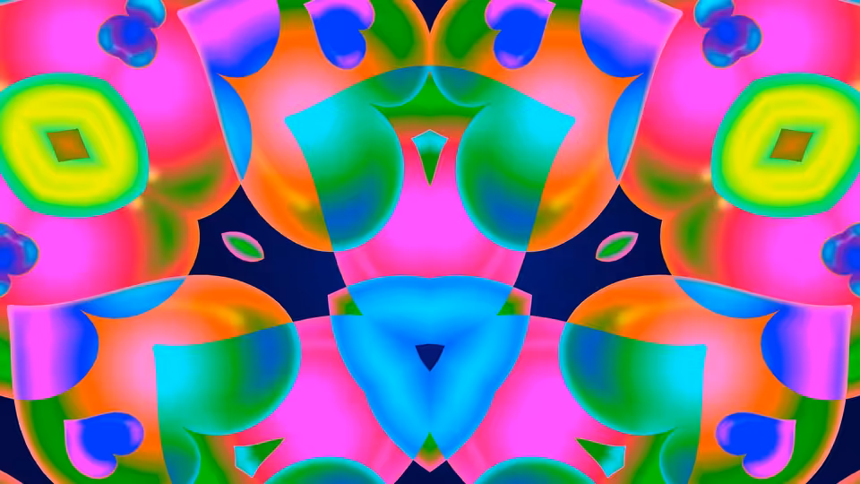 A symmetrical kaleidoscopic pattern of neon-colored shapes fills the image