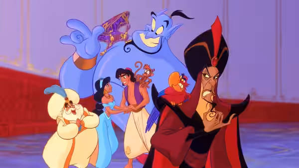 Aladdin, Jasmine, the Sultan, Genie and Jafar gathered in a hall