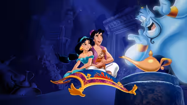 Aladdin and Jasmine on a magic carpet with the Genie emerging from his lamp