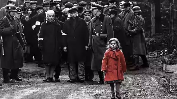 Young girl in red coat standing apart from a crowd of soldiers and civilians