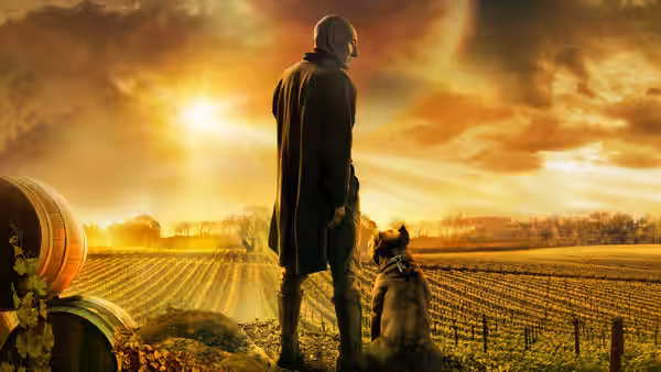 Jean-Luc Picard (Patrick Stewart) and a dog survey vineyard rows beneath a golden sunset