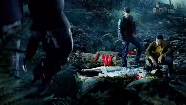 Nick Burkhardt (David Giuntoli) and Hank Griffin (Russell Hornsby) examine a body in the woods