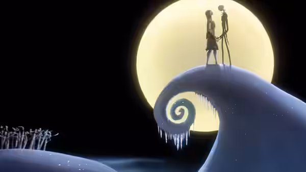 Jack Skellington and Sally holding hands atop a hill under the moon