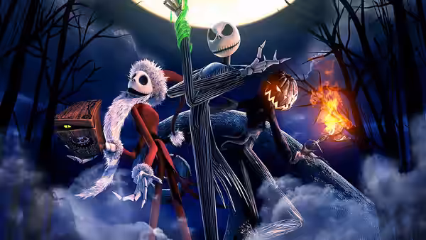 Jack Skellington as Santa facing a pumpkin-headed figure in a forest