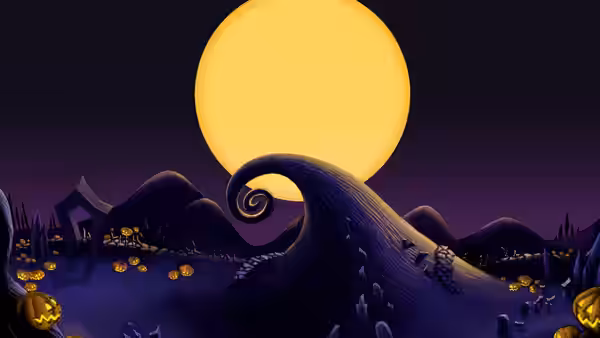 A twisted hill with glowing pumpkins beneath a large yellow moon