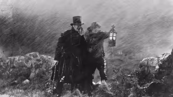 Two men holding a lantern walking through heavy rain at night