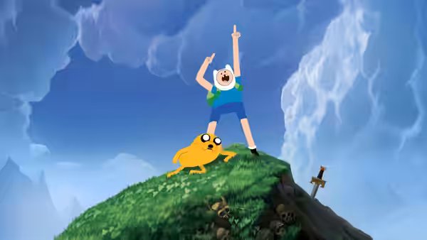 Finn (Sasha Knight) and Jake (John DiMaggio) stand atop a grassy hill beneath swirling clouds