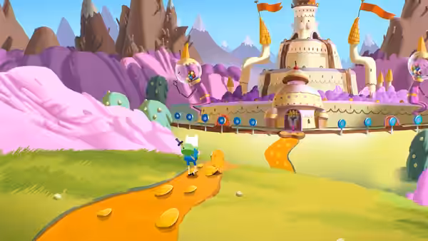 Finn and Jake follow a golden path toward a castle in the Candy Kingdom