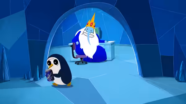 A penguin stands in an ice palace doorway as Ice King sits behind him