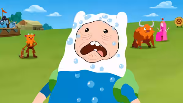 Finn looks alarmed in a grassy field as colorful figures stand behind him
