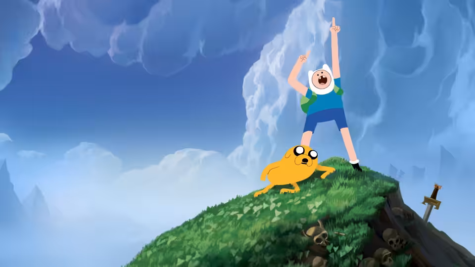 Finn (Sasha Knight) raises an arm atop a grassy hill beside Jake (John DiMaggio)