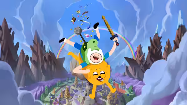 Finn (Sasha Knight) and Jake (John DiMaggio) tumble upside down above a mountain town