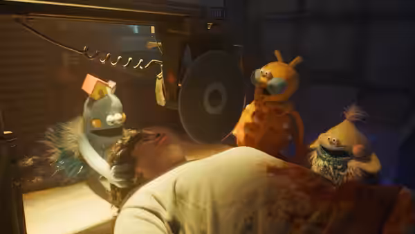 Colorful puppets gather around a bloodied person lying beneath a metal fixture