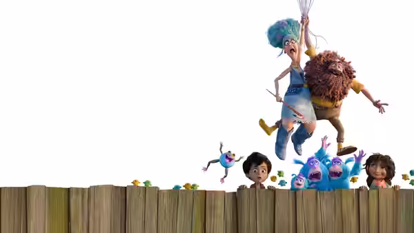 Credenza and Jim Twit fly above a fence as children and colorful creatures look on