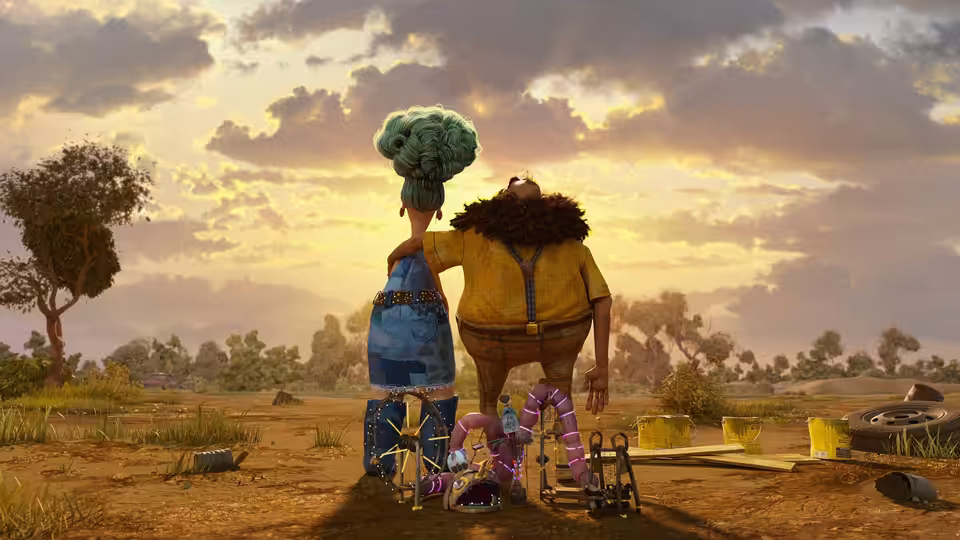 Credenza and Jim Twit stand among strange contraptions in a dusty landscape
