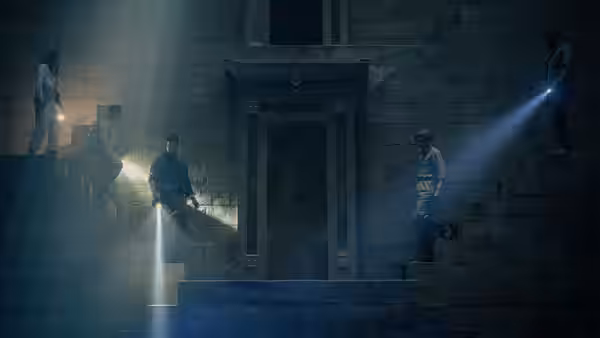 Explorers sweep flashlights across a stone chamber and its ornate central doorway