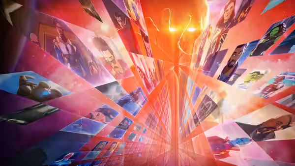 A radiant figure stands amid a web of panels showing alternate worlds