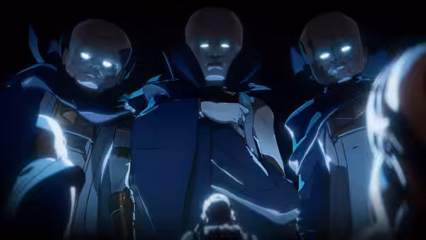 Three glowing-eyed figures loom over a smaller person in the darkness