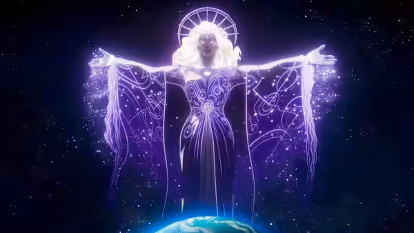 A luminous woman spreads her arms above Earth against a field of stars