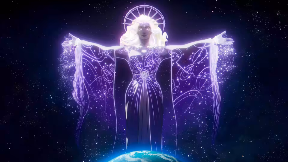A luminous woman spreads her arms above Earth against a field of stars