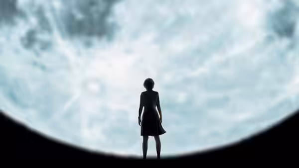 A woman stands silhouetted before an enormous bright moon