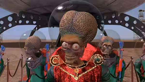A giant-brained Martian in a red uniform stands with his crew