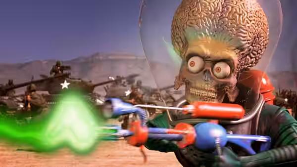 A Martian fires a ray gun as soldiers run across the desert