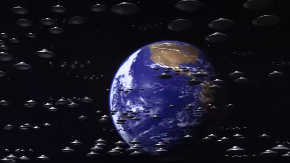 A fleet of flying saucers surrounds Earth in space