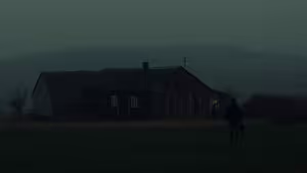 A man carrying a case walks toward a wooden house at dusk