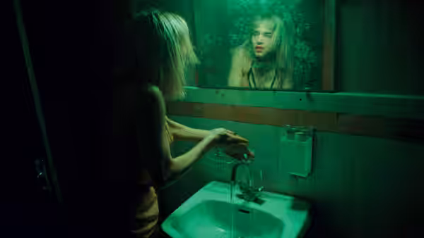 A woman washes her hands at a sink beneath a mirror