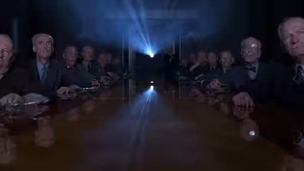 Board members seated around a long polished table in a dimly lit room