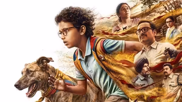 A bespectacled boy reaches toward a dog as adults appear in a swirling illustrated montage