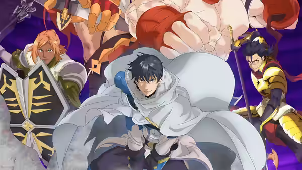 Grid (Tatsumaru Tachibana) crouches in a white cloak, surrounded by armed adventurers