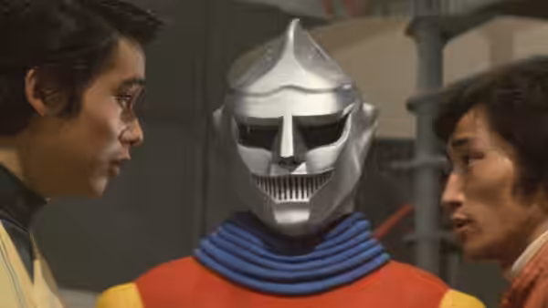 Roku and Goro face Jet Jaguar inside a room