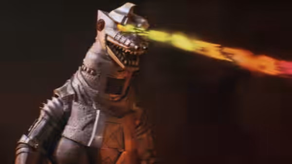 Mechagodzilla fires a yellow beam from its eyes in the darkness