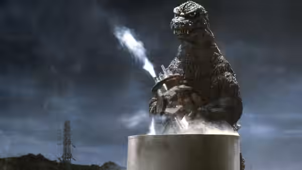 Godzilla stands atop a steaming cylindrical structure beneath a stormy sky