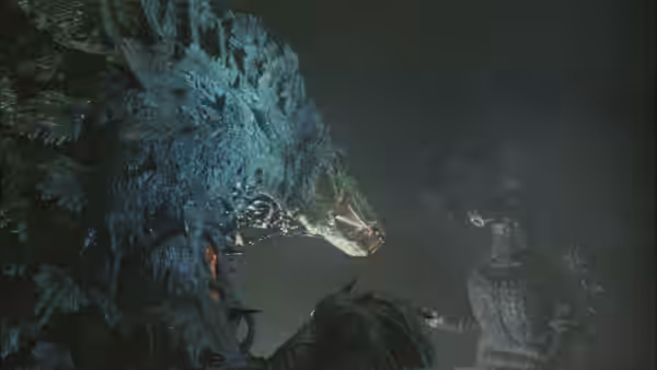 Godzilla confronts Biollante in a dark, misty landscape