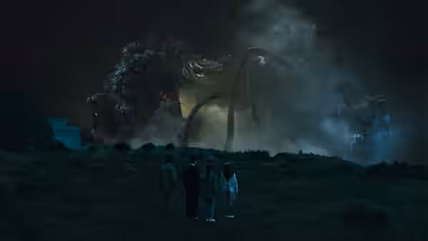 Three people watch Godzilla confront Biollante across a smoky field