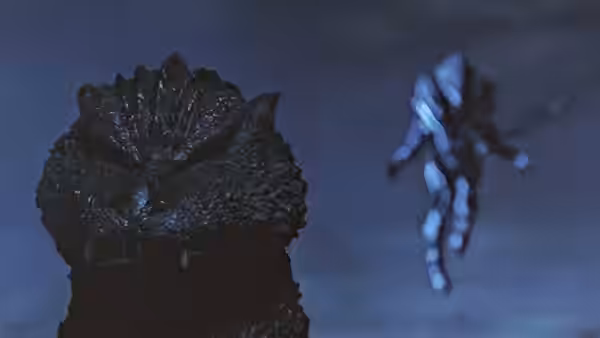 Godzilla watches a silver-suited figure flying through the darkness