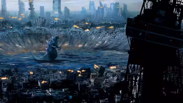 Godzilla rises from a crater amid the burning ruins of a city