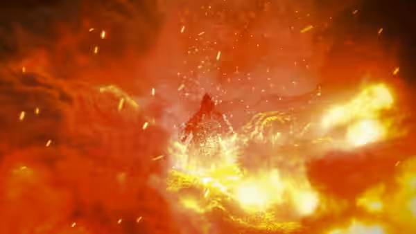 A giant creature faces a blazing torrent of fire amid swirling smoke and sparks