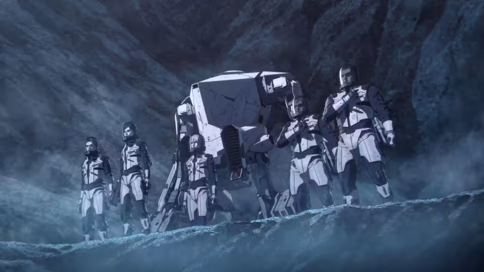 A group of armored soldiers walks through a rocky cavern beside a large machine
