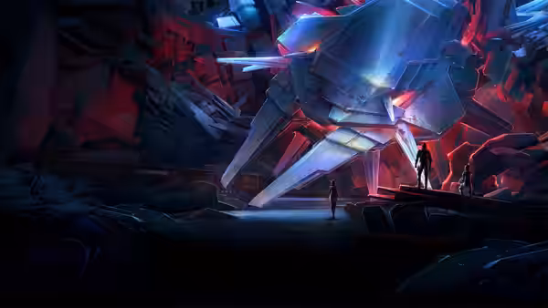 Two figures stand before a massive angular machine amid dark rubble