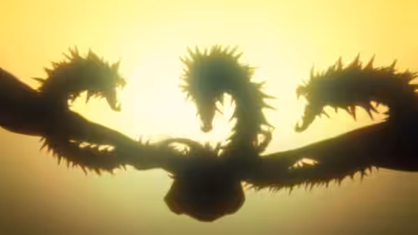 A three-headed, winged creature spreads its wings against a golden glow