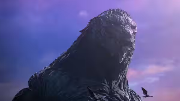 Godzilla looms over two tiny figures beneath a violet sky
