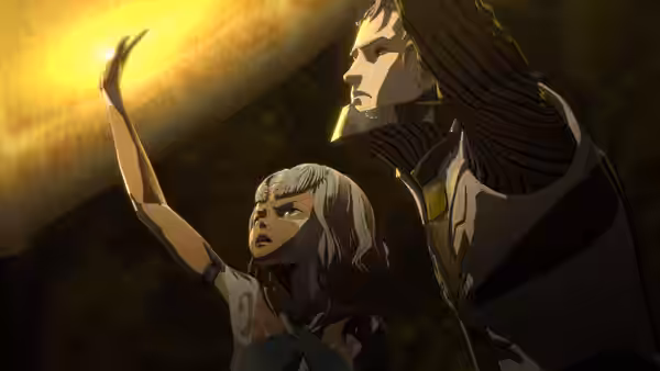 A silver-haired woman reaches toward a glowing light beside a long-haired man