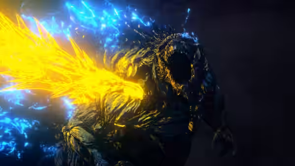 Godzilla unleashes a blazing atomic breath surrounded by blue energy