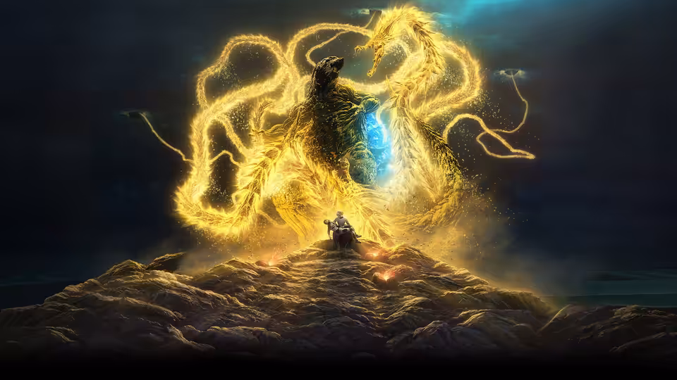 A lone figure faces a towering golden, three-headed creature from a rocky ridge